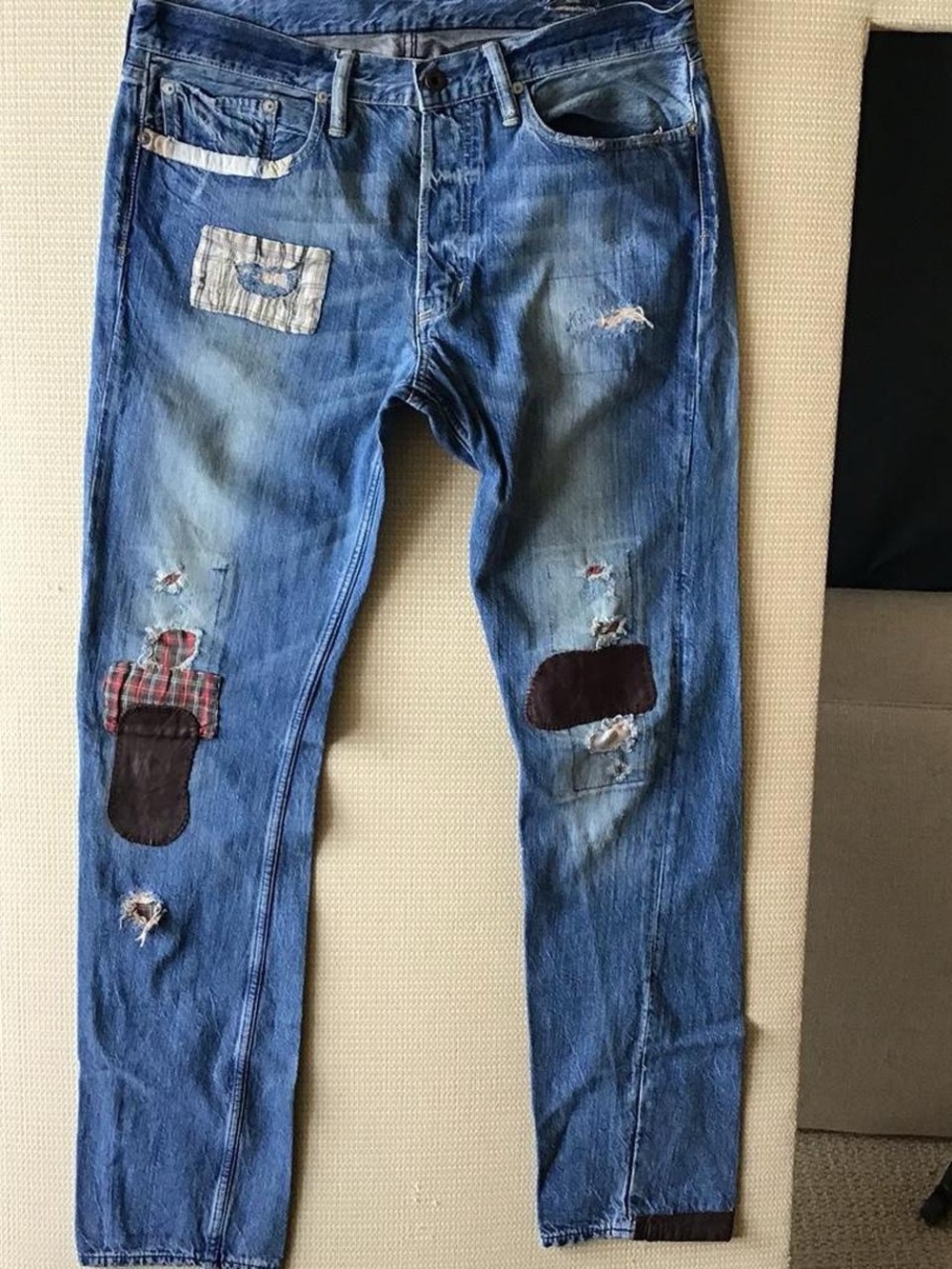 Ralph Lauren Distressed Straight Leg Blue Jeans with Multiple Patchwork 34x32